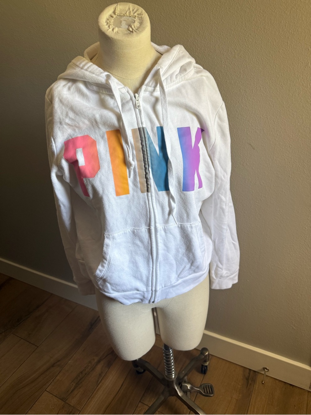 PINK Victoria's Secret White Zip Hoodie with Rainbow Lettering